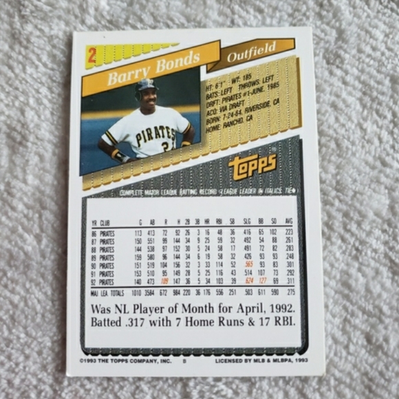 1993 Topps Barry Bonds Pittsburgh Pirates #2 Card - Picture 2 of 11